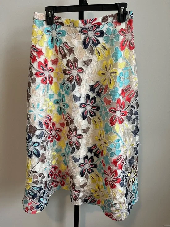Anthropologie Eva Franco Floral Embroidered Midi Skirt Sz 10 A-Line Mesh Overlay - Picture 4 of 16